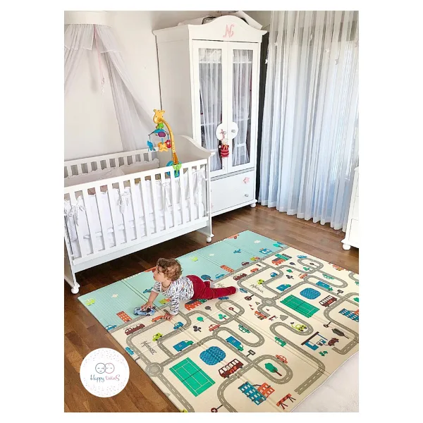 Happy Twins Dino Road Katlanabilir Çift Taraflı Oyun Matı 150X200X1CM - 150 x 200 x 1 cm - Renkli