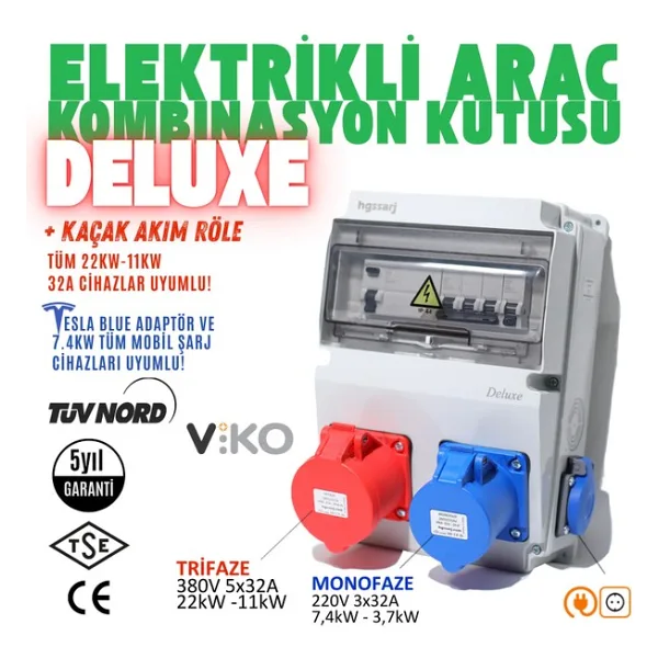 Hgsşarj "Deluxe" 22kW 7,4kW 5X32A + 3X32A + 1X16A Elektrikli Araç Kombinasyon Kutusu Tesla Mavi Adaptör Uyumlu Kaçak Akım Röle V i k o/P a n a s o n i c - Viko/Panasonic