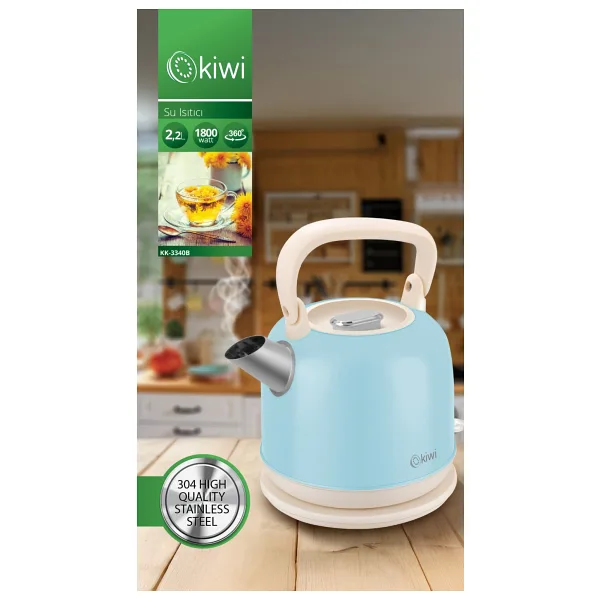 Kiwi Paslanmaz Çelik Retro Su Isıtıcı Kettle 2,2 Litre 1800 W Güçlü Isıtma Özelliği - Mavi