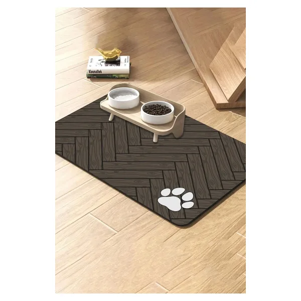 MatGo Pati Parke Desenli Kahverengi Beslenme Matı Kaymaz Sıvı Geçirmez Kedi Köpek Mama Paspası 50x70cm