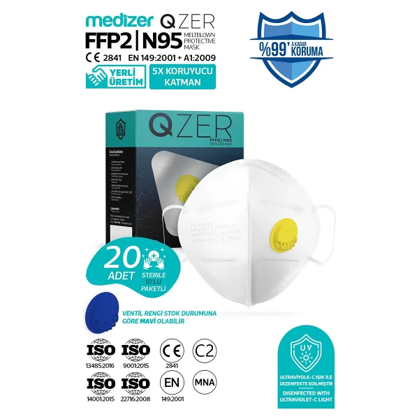 Medizer Qzer Beyaz 5 Katlı Ventilli Ffp2 Nr N95 Maske 20 Adet