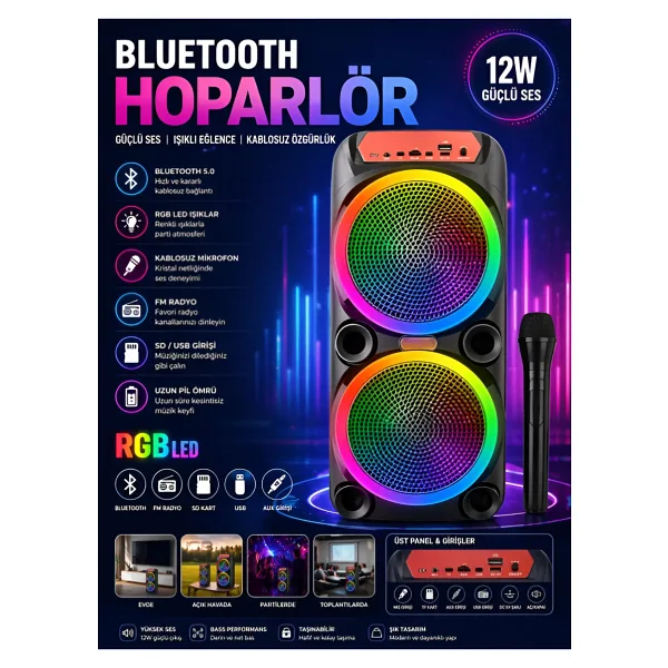nextbuy Büyük Boy Party Box Bluetooth Hoparlör Taşınabilir Şarjlı Kablosuz Karaoke Mikrofonlu Ses Sistemi