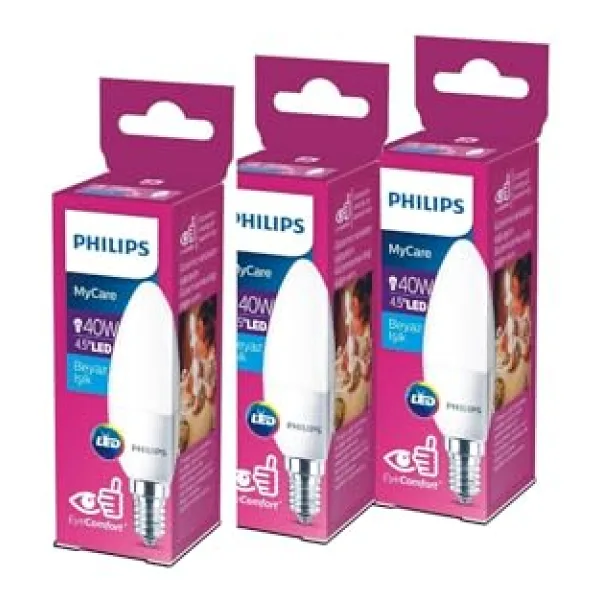 Philips LED 40W Mum Ampul Beyaz Işık E14 İnce Duylu 3'lü