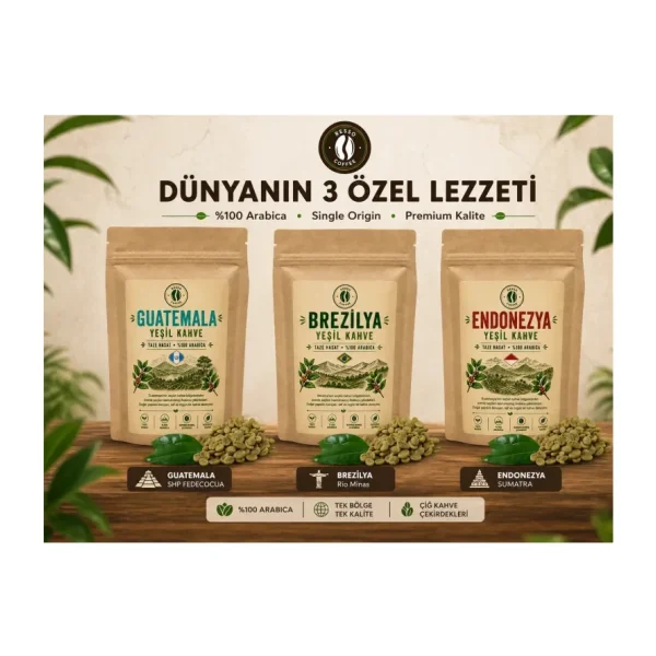 Resso Coffee Guatemala Brezilya Endonezya Çiğ Yeşil Kahve Çekirdeği Arabica 3lü Set - 250 gr