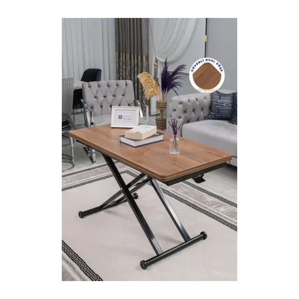 SEHPAM AKILLI Akıllı Sehpa Home Üst Tabla Mdf Ceviz Oval Köşe Alt Mekanizma Siyah Renk