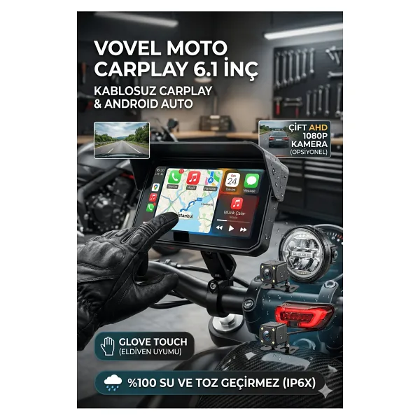 VOVEL Moto CarPlay 6.1 İnç - 2 Kameralı - Su Geçirmez - Kablosuz CarPlay & Android Auto Ekranı - Universal