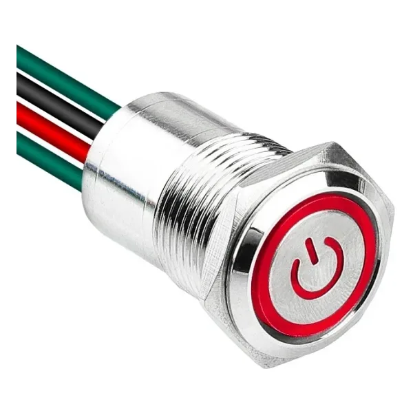 WD16D1-P2Z-EC 16mm Düz Anahtarlı Işıklı Power Kablolu Metal Buton - Kırmızı