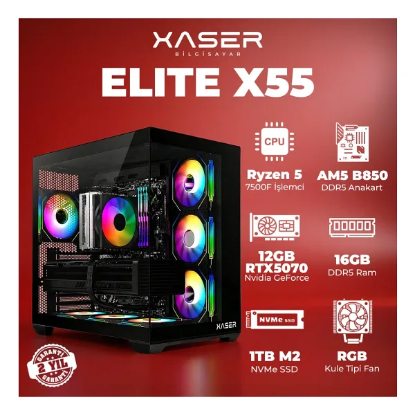 XASER Elite X55 Ryzen 5 7500F 16GB DDR5 Ram 1TB M.2 NVMe SSD 12GB RTX5070 Masaüstü Oyuncu Bilgisayar