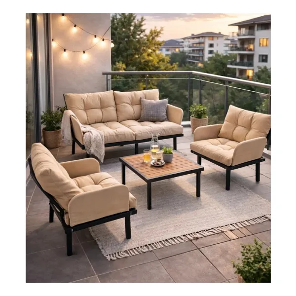 Bahçe Takımı Balkon Ve Cafe Modüler Metal Koltuk Takımı 2+1+1 Sehpalı Bej 1637