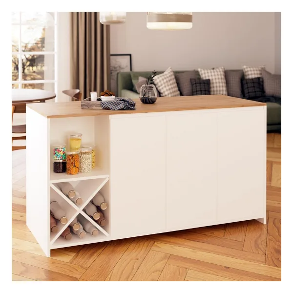 Bimossa Gustav L4710 Mutfak Adası 160 cm - Beyaz Ahşap Üst, Şaraplık, Bar Masası Çok Amaçlı Depolamalı Dolap - Meşe - Beyaz - 160x92x68