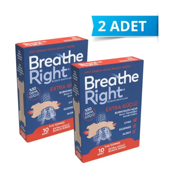 Breathe Right Extra Büyük Burun Bandı - İlaçsız, Esnek Malzeme, 66 mm, Rahat Nefes Almayı Sağlayan Ergonomik Tasarım, 10'lu x 2 Paket