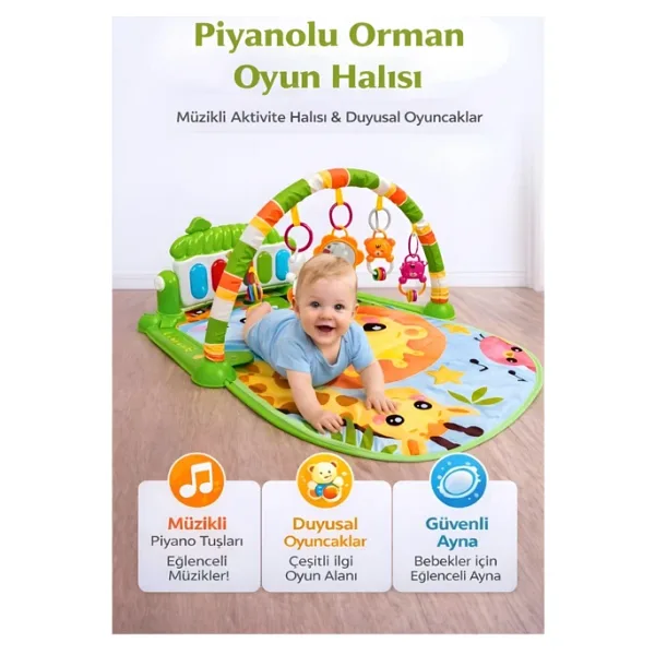 hak-iş oyuncak Piyanolu Orman Desenli Bebek Oyun Halısı - 0+ Ay, Hayvan Figürlü Işıklı ve Müzikli Gelişim Matı