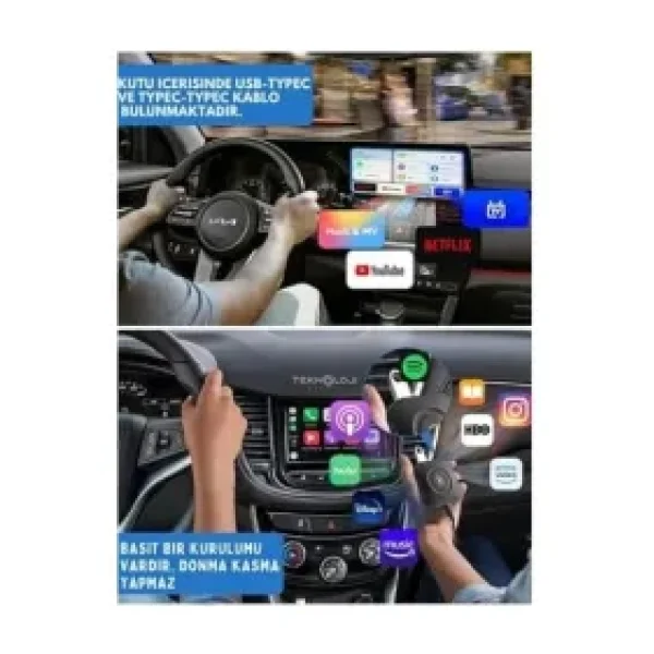 Kablosuz CarPlay ve Android Auto Adaptörü, 2GB RAM 32GB ROM, Türkçe Arayüz, Netflix ve YouTube Destekli