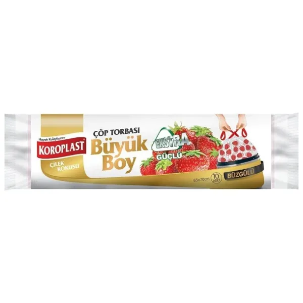 Koroplast Ekstra Güçlü Çilek Kokulu Büzgülü Büyük Boy Çöp Poşeti 10'lu