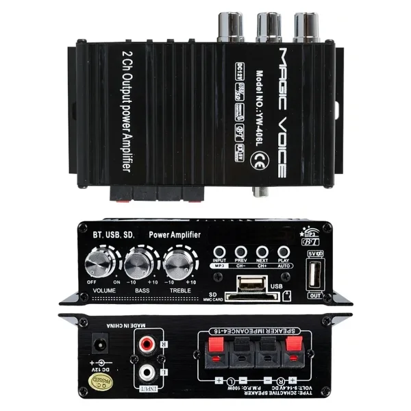 MagicVoice Streo Ev ve Otomobil Tipi 12 Volt 100 Watt Motosiklet Amfi Bluetooth 2USB (154X80X42Mm)