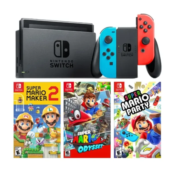 Nintendo Switch Renkli Mavi Kırmızı + Super Mario Maker 2 + Super Marıo Odyssey + Super Marıo Party