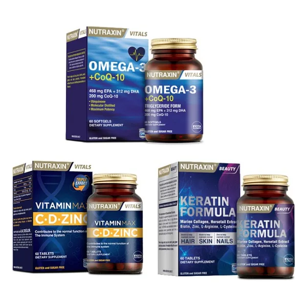 Nutraxin Omega 3 +Coq-10 (Koenzim) 60 Kapsül+Vitamin Max (C,d,zinc) 60 Tablet+Saç ve Tırnaklar Için Keratin