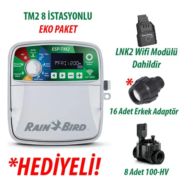Rain Bird Dış Mekan Tm2-8 İstasyonlu Kontrol Ünitesi + Lnk2 Wıfı Modülü + 8 Adet 100hv Vana Seti