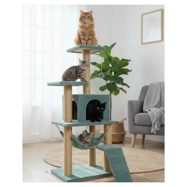 Reyo Pet B-07 Hamaklı Yuvalı Lüx Kedi Tırmalama Oyun Evi Turkuaz