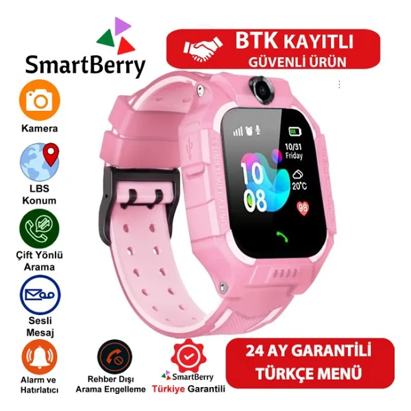Smartberry Z2 Lbs Konumlu Akıllı Çocuk Takip Saati Sim Kartlı Arama, Kameralı, Gizli Dinleme Özellikli - Şeker Pembe - LBS Açık Pembe