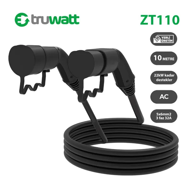 Truwatt ZT110 Elektrikli Araç Şarj Kablosu Type-2 32A/22KW/380V (10 Metre)