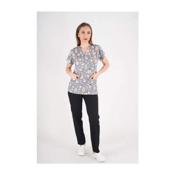 Unisex Snack Time Desenli Doktor Hemşire Cerrahi Scrubs Üniforma Takım - Siyah - Gri - 2XS