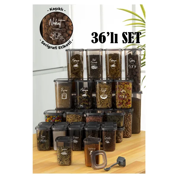 Vienev Beyaz Serigrafi Etiketli Kaşıklı 36LI Peggy Kare Erzak ve Baharat Full Set 8x(1,75, 1,2, 0,55) 12X(0,45) Ant