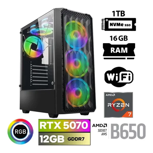 Xaser Thunder X50 Ryzen 7 7700 16GB Ddr5 Ram 1tb M.2 Nvme SSD 12GB RTX5070 Masaüstü Oyuncu Bilgisayarı