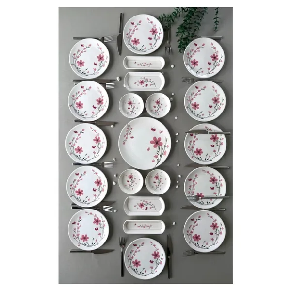 Yiğit Seramik Züccaciye Bahar Model 12 Kişilik 21 Parça Röfyeli Modern Kahvaltı - Brunch Takımı (Pembe)