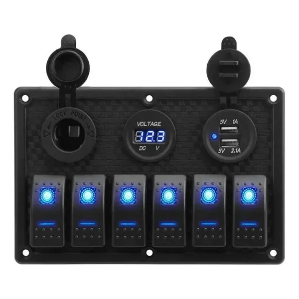 6'lı ON-OFF Işıklı Anahtar Switch Panel 2x5V USB Çakmaklık ve Voltaj Göstergeli