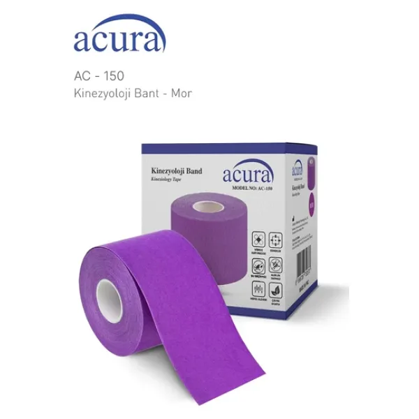 Ac-150 Yüz & Vücut Uyumlu Hipoalerjenik Kinesyo Tape Ağrı Bandı 5m X 5cm Mor Renk 1 Beden