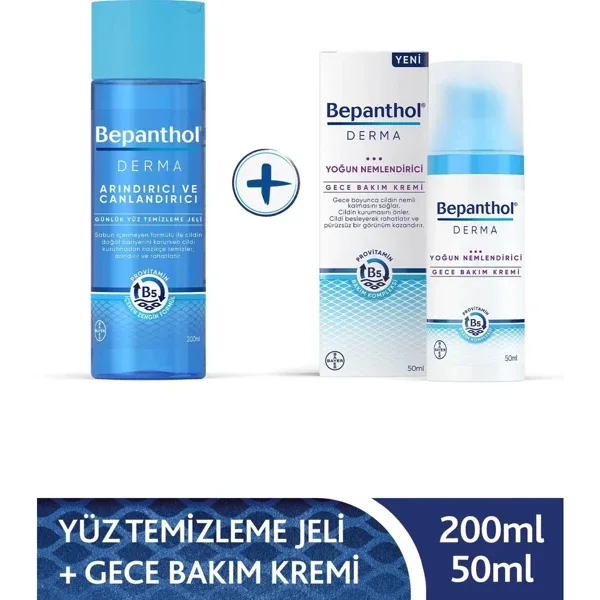Bepanthol Derma Gece Kremi 50 ml + Arındırıcı & Canlandırıcı Yüz Temizleme Jeli 200 ml