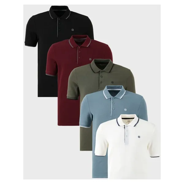 Buratti Pamuklu Slim Fit Şerit Detaylı Düğmeli Polo Yaka 5'li Paket Erkek T Shirt 5902118S5 İndigo-Haki-Kırmızı-Antrasit-Vizon