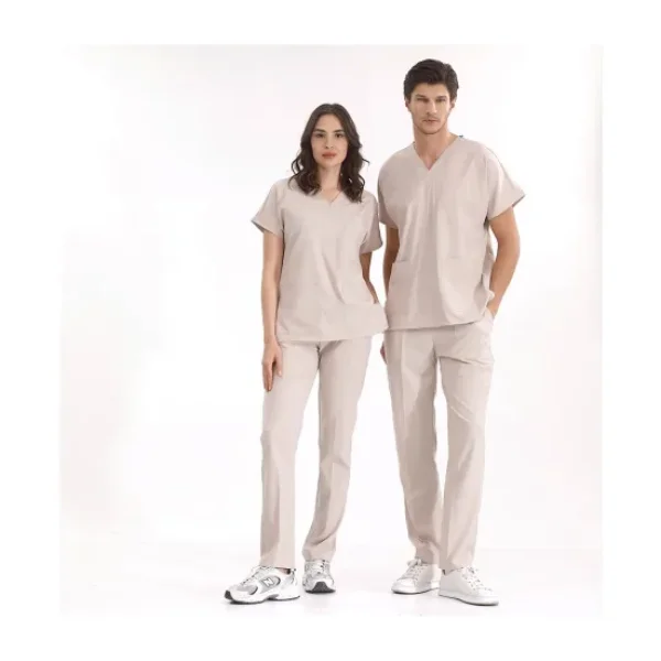 Çizgi Medikal Krem Likralı Üniforma Takımlar Yüksek Kaliteli Likralı Scrubs - XS