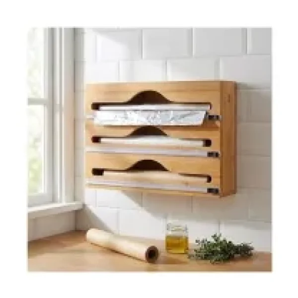 Deconox 3 Bölmeli Doğal Bambu Folyoluk ve Streç Film Kesici Organizer - Sürgülü Bıçaklı Çekmece İçi Düzenleyici Pişirme Kağıdı ve Alüminyum Folyo Standı Mutfak Organizeri (35,5 x 22 x 7 cm)