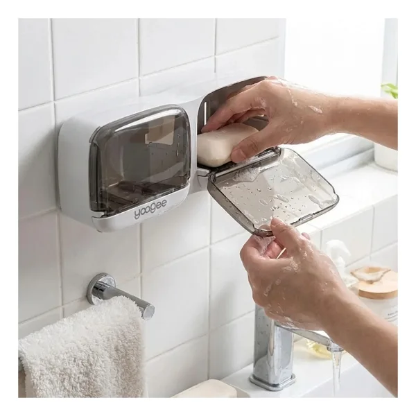 Duvara Monte İkili Kapaklı Plastik Katı Sabunluk Organizer - Banyo & Mutfak İçin Yapışkanlı Sabun Kutusu Ve Düzenleyici