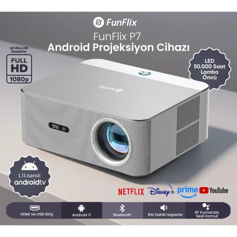 FunFlix P7 700 Lümen Full HD Wi-Fi Android LED Projeksiyon Cihazı
