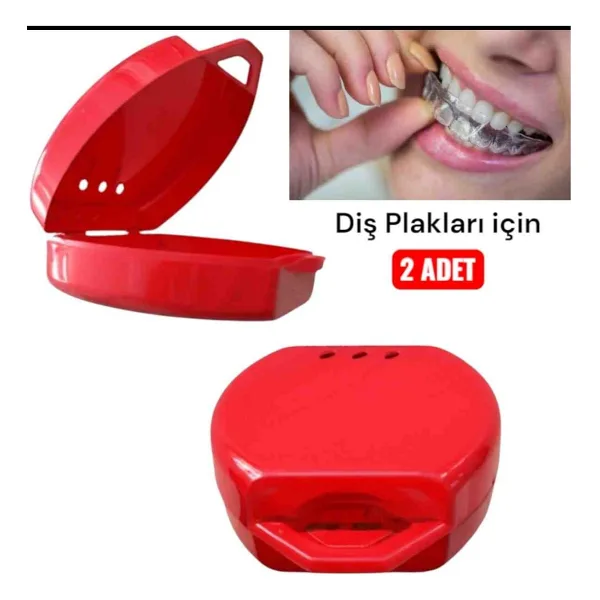 Gece Plağı Saklama Kutusu (2 Adet) Diş Plak Kabı - Kırmızı