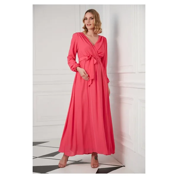 IŞŞIL O7053-Kruvaze Şifon Kuşak Baby Shower Maxi Hamile Elbise