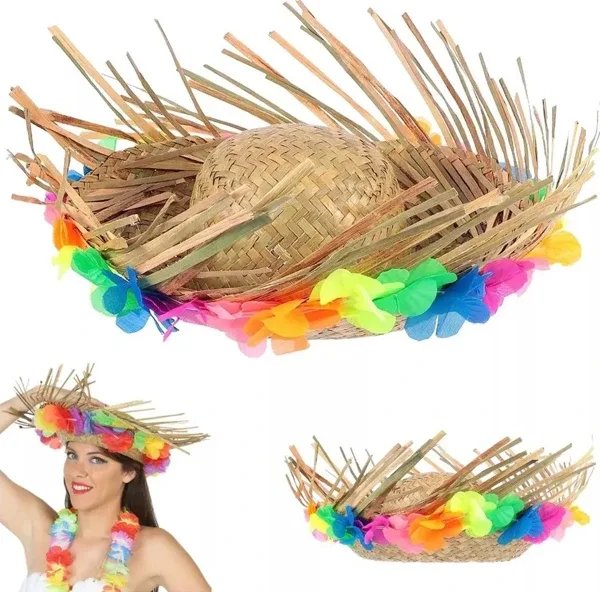 Natural Renkli Püsküllü Örme Hasır Hawaii Şapka