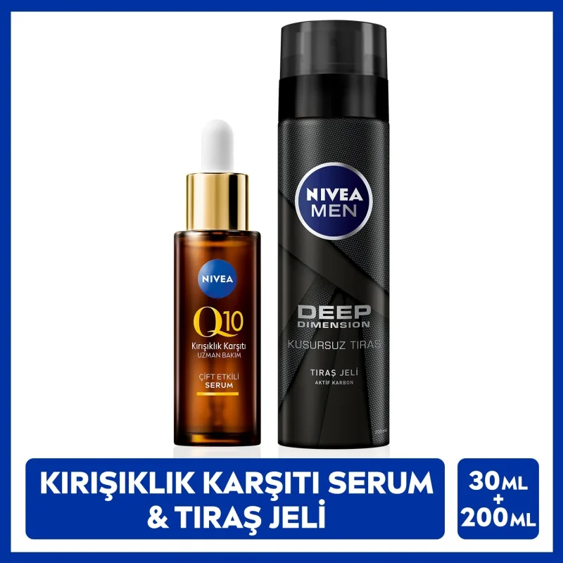 NIVEA MEN Erkek Tıraş Jeli Deep Dimension 200ml ve Q10 Kırışıklık Karşıtı Çift Etkili Cilt Serumu 30ml