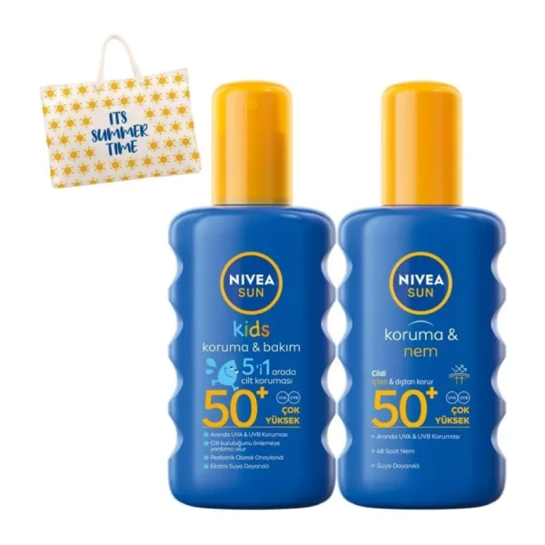 NIVEA Sun SPF 50+ Koruma & 48 Saat Nemlendirme Güneş Bakım Seti Sprey 200 ml ve NIVEA Sun SPF 50+ Koruma & Bakım Çocuk Güneş Spreyi 200 ml