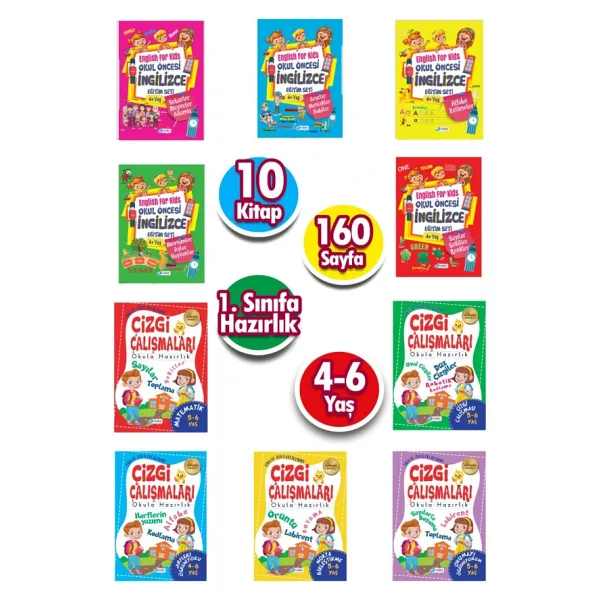 Okul Öncesi İngilizce ve Çizgi Çalışmaları Eğitim Seti (10 Kitap)