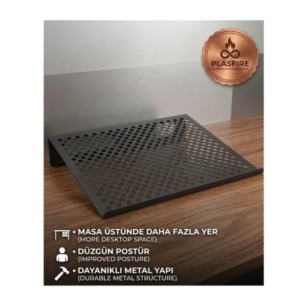 Plasfire Metal Laptop Standı ve Monitör Yükseltici - Hava Kanallı Delikli Tasarım Siyah)