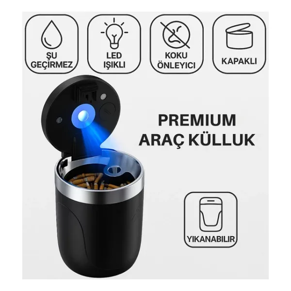Polham Premium Araç Küllük,Su Geçirmez, Led Işıklı, Koku Önleyici, Kapaklı, Yıkanabilir, Su Geçirmez