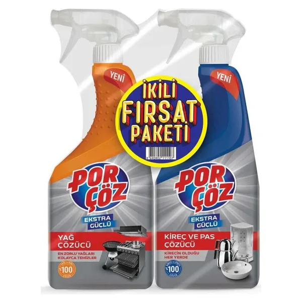 Porçöz İkili Fırsat Paketi Yağ Çözücü Sprey 750 ml + Kireç Ve Pas Çözücü Sprey 750 ml