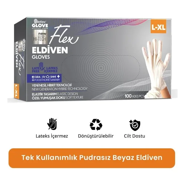 Reflex Flex Eldiven Tek Kullanımlık Pudrasız Beyaz L - Xl Beden Eldiven 100'lü
