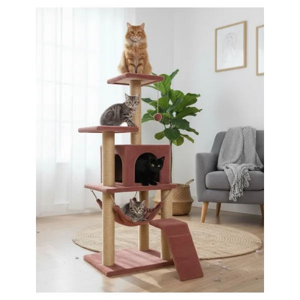 Reyo Pet B-07 Hamaklı Yuvalı Lüx Kedi Tırmalama Oyun Evi Gül Kurusu