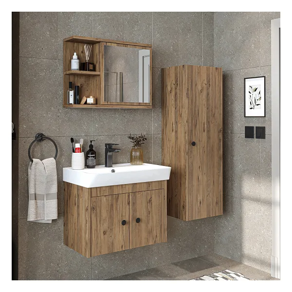 Roomart Ada Lavabolu Banyo Alt Dolabı + Banyo Üst Dolabı + Banyo Boy Dolabı Beyaz