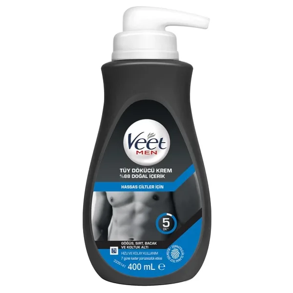 Veet Men Hassas Ciltler İçin Tüy Dökücü Krem, Göğüs Sırt Bacak ve Koltuk Altı,%88 Doğal İçerik ve Ginseng Özlü, 400 ml